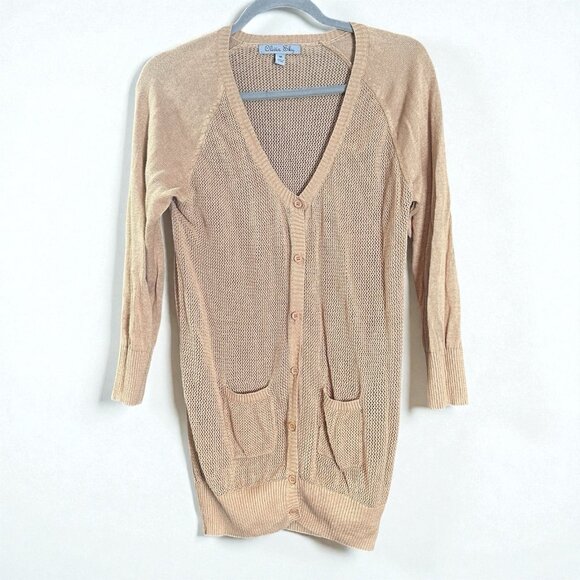 Olivia Sky Open Knit Longline Cardigan Tan Lightweight Button Front Sweater M - Picture 1 of 9